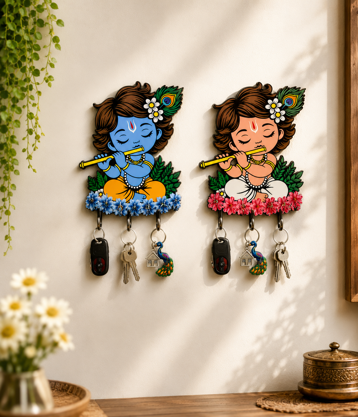 Bal Krishna Wooden Key Holder with Hooks