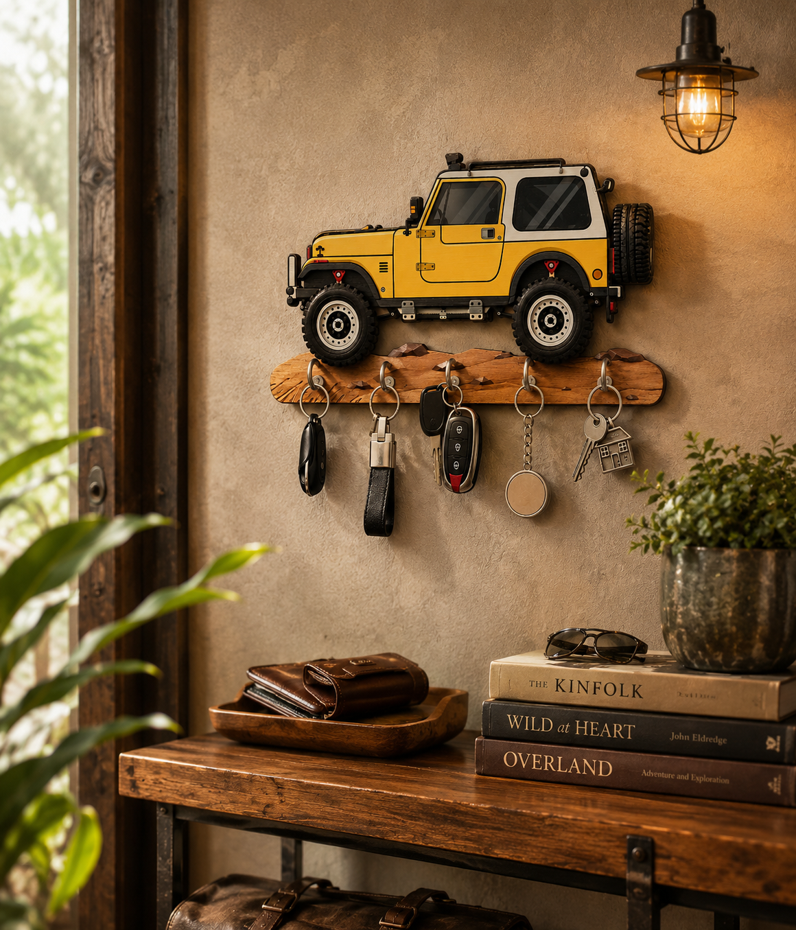 Wooden Jeep Wall Key Holder with Hooks