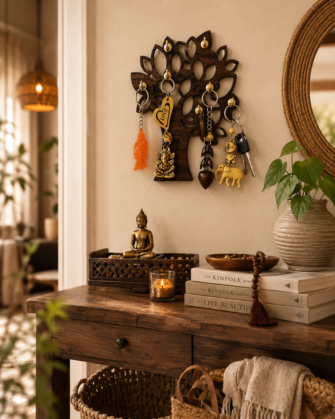 Tree Shape Wooden Key Holder Wall Decor
