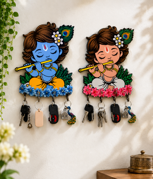 Bal Krishna Wooden Key Holder with Hooks