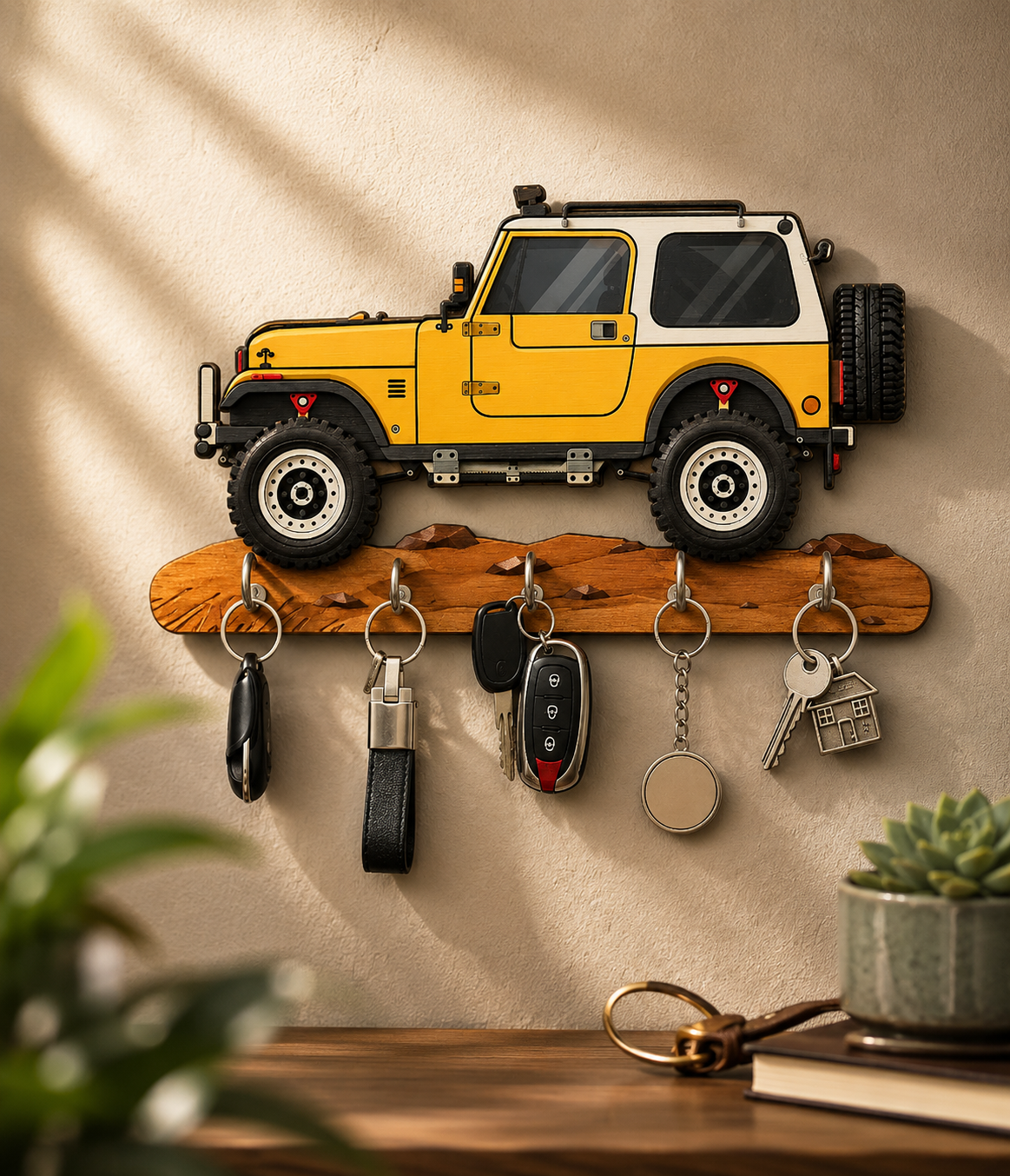 Wooden Jeep Wall Key Holder with Hooks